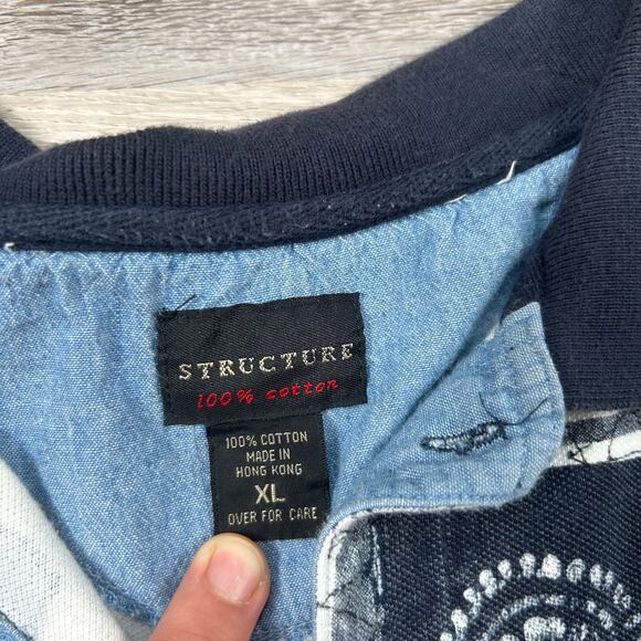 Vintage Structure Patchwork Polo Shirt Blue White 90s Made in Hong Kong XL - Picture 5 of 5